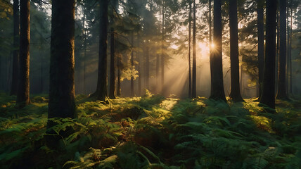 Sunlight Shining Through the Forest Trees with Green Ferns