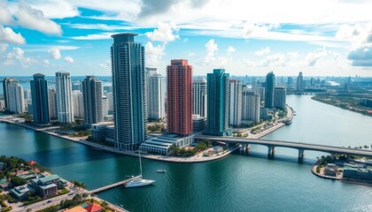 Obraz premium Miami Brickell Key skyscrapers, river, bridge aerial view, horizon, river