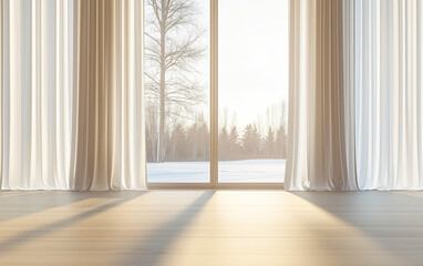 Fototapeta premium Cozy home interior with white curtains and sunlight streaming through large window, winter snow-covered landscape, peaceful minimalist design for real estate and decor inspiration