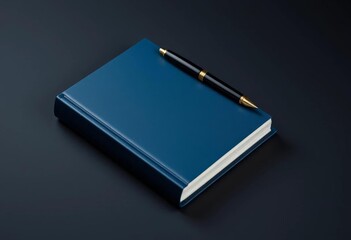 Midnight blue hardcover book, fountain pen, navy backdrop Flat lay, flat lay, objects