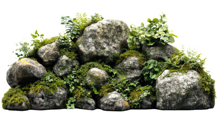 A rock covered in moss and plants