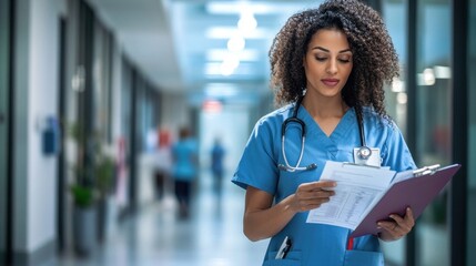 A nurse in a hallway is looking at paperwork carefully