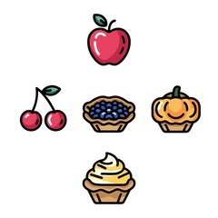Fototapeta premium Collection of Colorful Fruits and Desserts Including an Apple, Cherries, Blueberry Pie, Pumpkin Pie, and Creamy Cupcake