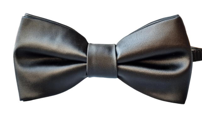 A black bow tie is placed on a white background.