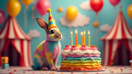 A lively Harlequin rabbit in a striped party hat celebrates a birthday with a rainbow cake, circus decor, and bright balloons in a fun, carnival-themed setting.