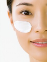 Close-up of a person applying cream under the eye with a gentle smile