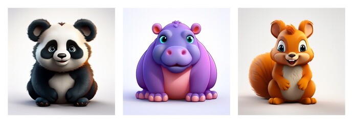 Obraz premium Cute cartoon panda, hippo, and squirrel images ideal for kids' education, learning about animals and sparking childhood imagination.