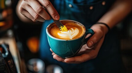 A barista using a citrus zest tool to garnish a fresh cup of coffee
