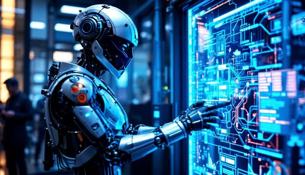 humanoid robot operating a modern digital computer