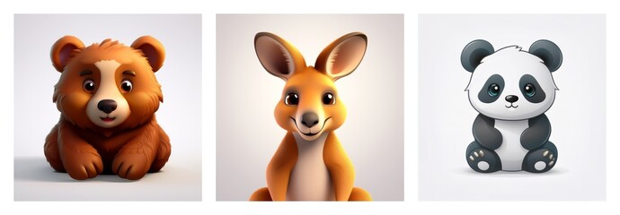 Obraz premium Cute cartoon animals: bear, kangaroo, and panda. Ideal for kids' education and learning about wildlife during childhood. Fun and playful.