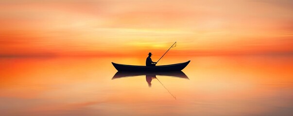 Lakeside sunset landscapes concept. A peaceful sunset over calm waters featuring a solitary fisherman in a small boat.