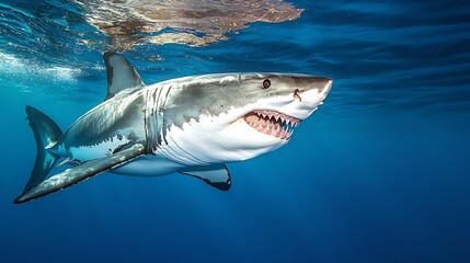 Naklejka premium Great white shark lunging forward in crystal clear blue waters razor sharp teeth visible dramatic lighting National Geographic documentary style