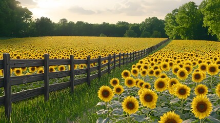 Charming field of sunflowers enclosed by a rustic wooden fence under a beautiful blue sky with fluffy clouds