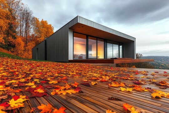 A sleek modern cabin on a hill, its wooden deck covered with colorful autumn leaves