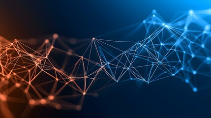 The image shows an abstract representation of a network, with interconnected nodes forming a flowing, three-dimensional structure in shades of orange and blue against a dark background.