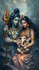 Divine depiction of Hindu deities Lord Shiva, Goddess Parvati, and Lord Ganesha, symbolizing love and spirituality set in a mystical celestial background