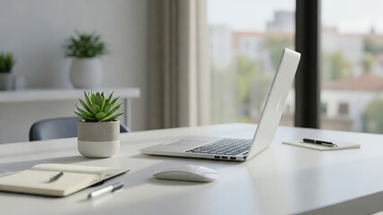 Fototapeta premium Modern Workspace with Laptop and Plants