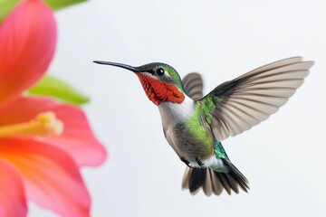 Ruby-throated Hummingbird Hovering Near Tropical Flower in Sharp Detail, Brilliant Iridescent Feathers Catching Sunlight