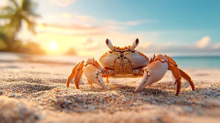 Ghost Crab Scurrying Across Golden Sandy Beach at Sunset Its Pale Shell Blending Perfectly with the Warm Glowing Sand