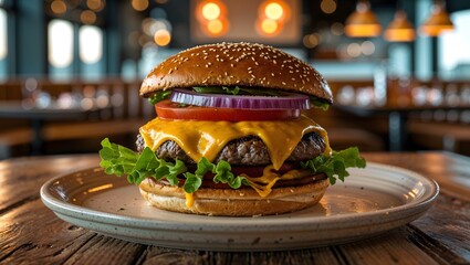 close up photo delectable hamburger in a restaurant