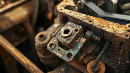 A close-up of a rusted ignition coil mounting bracket in an old engine