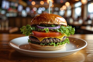 close up photo delectable hamburger in a restaurant