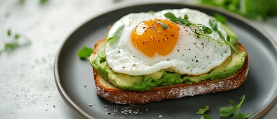 Avocado toast with a poached egg, modern breakfast concept, perfect for healthy eating resources and brunch promotions. 