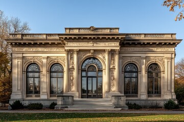 Fototapeta premium A stately building adorned with intricate friezes, arched windows, and balanced proportions