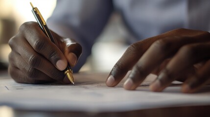 A person is writing on paper with a golden pen