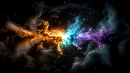 Fototapeta premium A vibrant cosmic nebula illuminates the dark expanse of space with swirling colors of orange, blue, and purple. This celestial display captivates observers with its stunning beauty.
