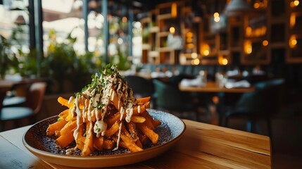 Sweet potato fries drizzled with spicy mayo.
