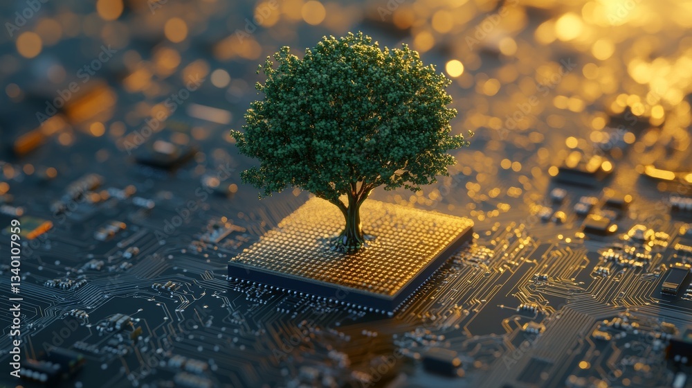 Poster tree growing from a microchip on a circuit board, green technology concept