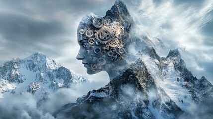 A surreal representation of a woman's face made from gears blending seamlessly into a mountain landscape.