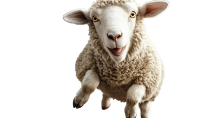 A white sheep stands in front of a white background