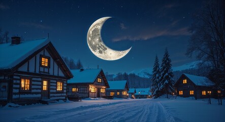 Fototapeta premium Crescent Moon Hanging Over a Quiet Snow Covered Village at Night