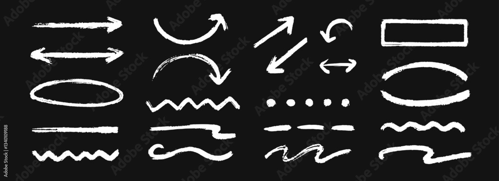 Poster hand drawn chalk wavy and straight line collection. pastel underline stroke and arrow set. crayon wa