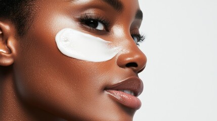 Close-up of a person's eye with skincare product applied under the eye