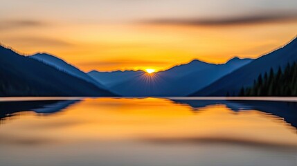 Fototapeta premium Lakeside sunset landscapes concept. Serene sunset over tranquil lake with mountain reflections and vibrant colors.