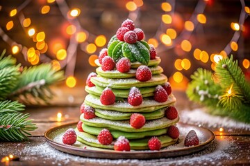 Festive Christmas Pancake Tree Dessert with Whipped Cream, Raspberries & Spinach Pesto