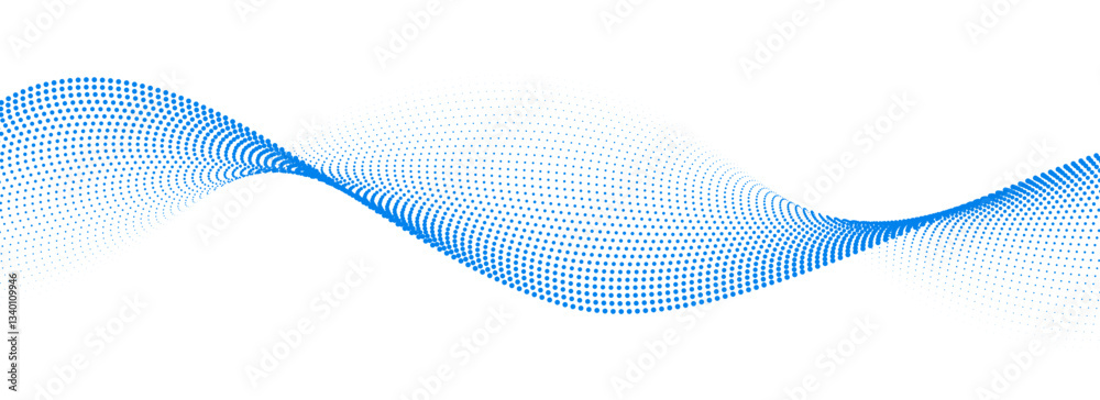 Poster Light blue dotted wave line pattern. Halftone undulate net background. Abstract air flowing particle wallpaper. Vector curve dashed gradient element for poser, banner, presentation, booklet, flyer