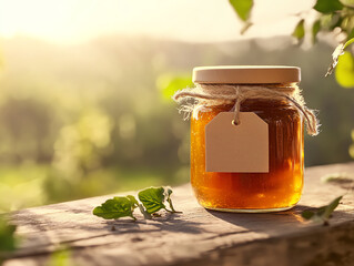 Jar of honey in sunlight on rustic table with leaves, outdoors.