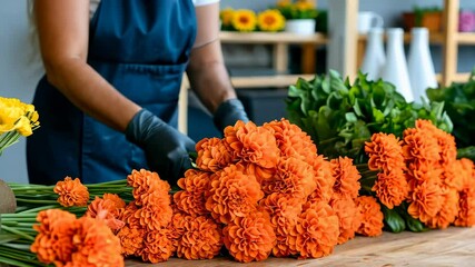 vibrant orange dahlias arranged by florist on wooden table