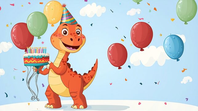 Happy cartoon dinosaur wearing a birthday hat and holding balloons childrens party theme