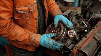 A mechanic's gloved hands holding a broken engine mount during replacement