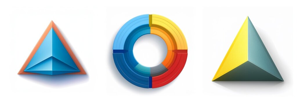 Three dimensional shapes: layered triangle, segmented circle, simple triangle. Geometric and colorful on a white background.