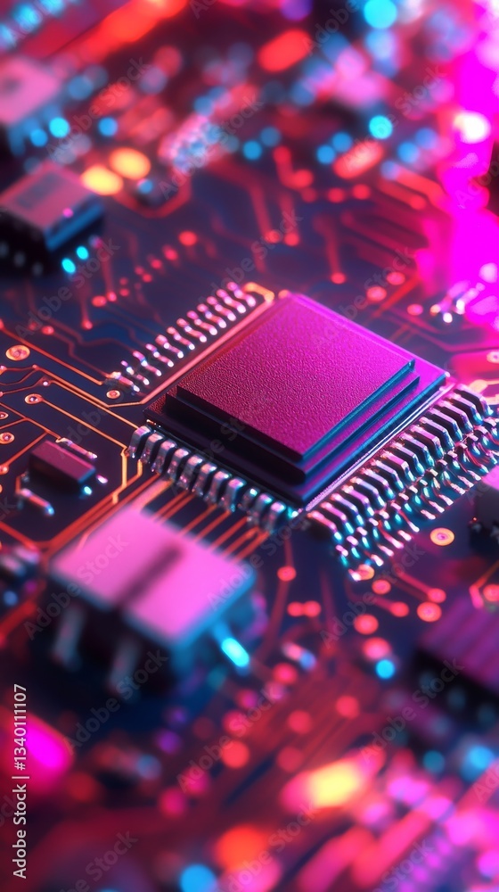 Aufkleber close-up of glowing circuit board with processor, neon colors. technology concept