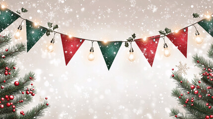 Christmas Party Bunting with Snowfall and Festive Lights &ndash; Holiday Celebration Background