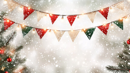 Christmas Party Bunting with Snowfall and Festive Lights &ndash; Holiday Celebration Background