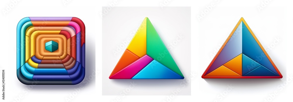 Aufkleber vibrant geometric shapes include a layered square with a central dot and two triangles with differen