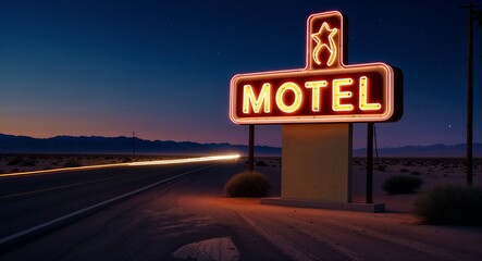 Obraz premium Flickering Neon Motel Sign on a Lonely Desert Road at Night